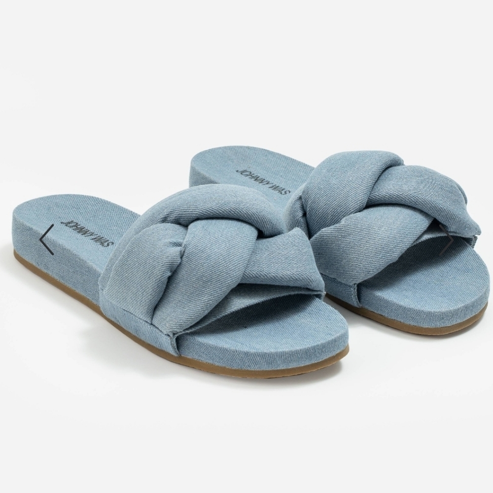 Nwt Johnny Was Ojai Denim Slide Sandals 8 Puffy Statement Shoe Beach Vacation